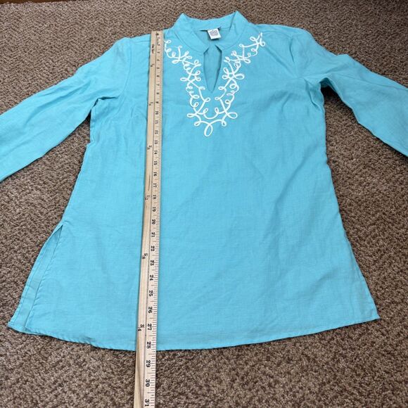 Carole Little Women’s 100% Linen Turquoise Tunic Top 3/4 Sleeve Sz 10 Coastal - Picture 9 of 9